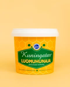 Kuva luomu Kuningatar hunajapurkista tuotekuva keltaisella taustalla